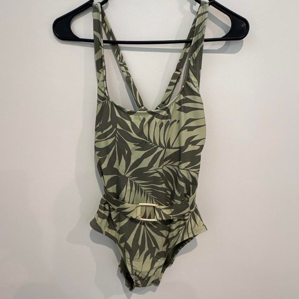 Lands End Womens Tropical Leaf Print Belted One Piece Swimsuit Green Khaki XS